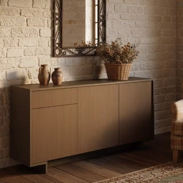 Credenza Aronne DMORA, Madia da soggiorno con 3 ante e 1 cassetto, Marrone, L: 170 cm, P: 42 cm, H: 78 cm