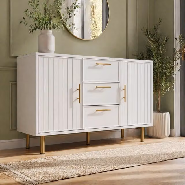 Credenza con 2 ante e 3 cassetti; ripiano regolabile; bianca; truciolare e base metallica