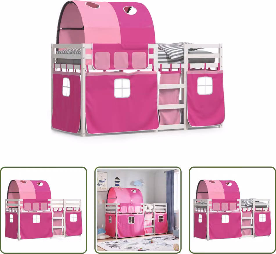 The Living Store Letto a castello con tende rosa 80x200 cm in legno di pino massiccio