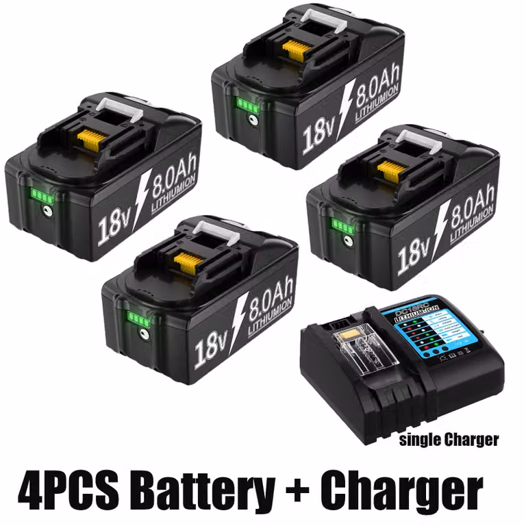 Batteria di ricambio - Batteria agli ioni di litio BL1830 - 18 V - 800 mAh - Set di 4 batterie con caricabatterie - Compatibile con BL1815/BL1860/BL1840 - Per utensili elettrici