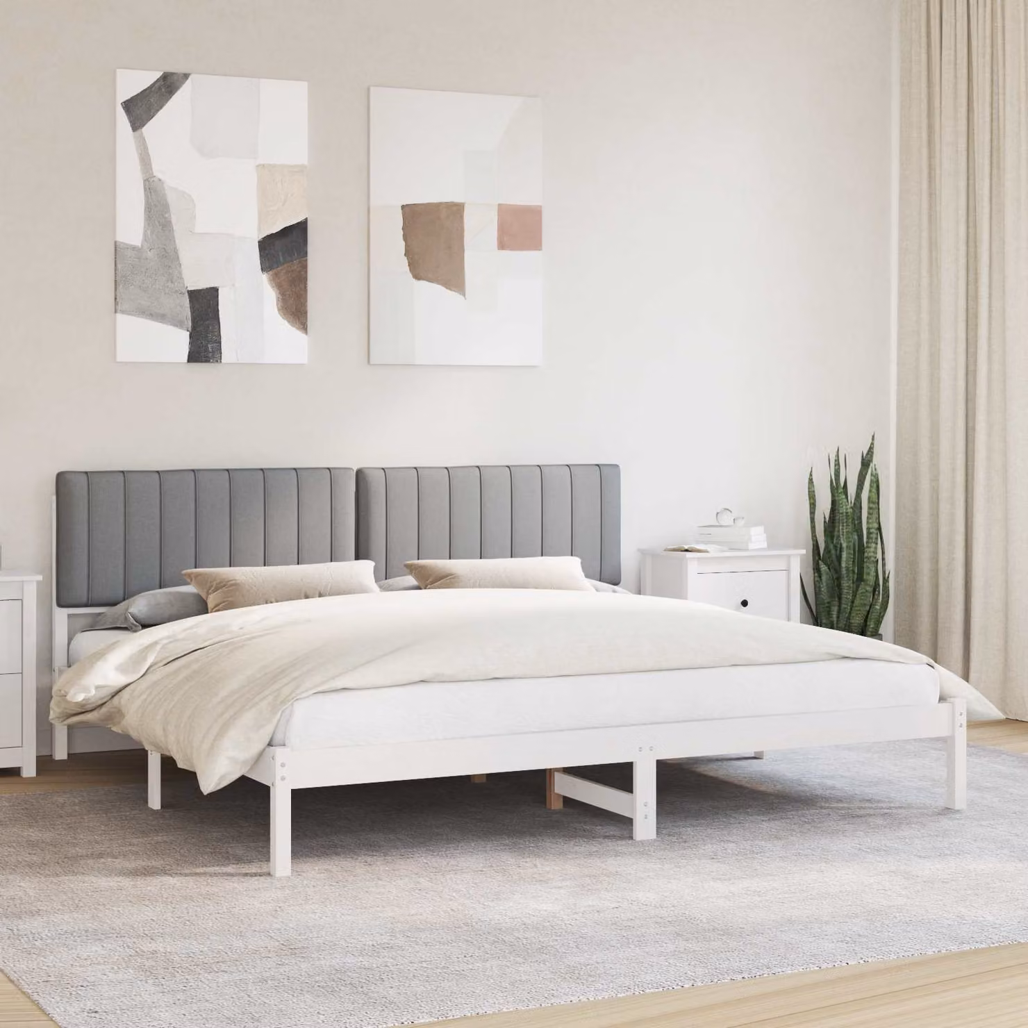 Letto con Testiera Rivestita vidaXL in Legno di Pino e Tessuto Grigio 200 x 200 cm – 1