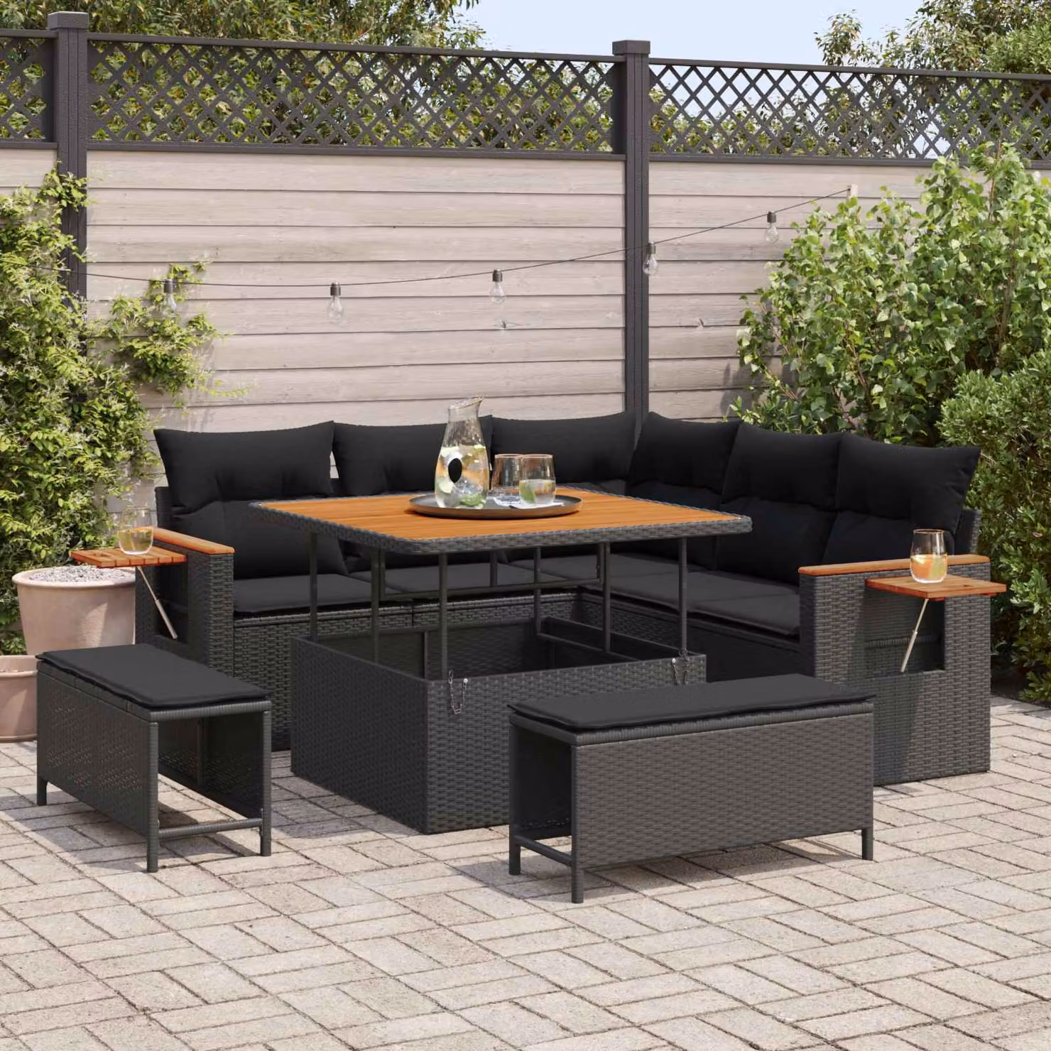 Set Divano da Giardino vidaXL 8 Pezzi in Polyrattan Nero con Cuscini e Tavolino – 1