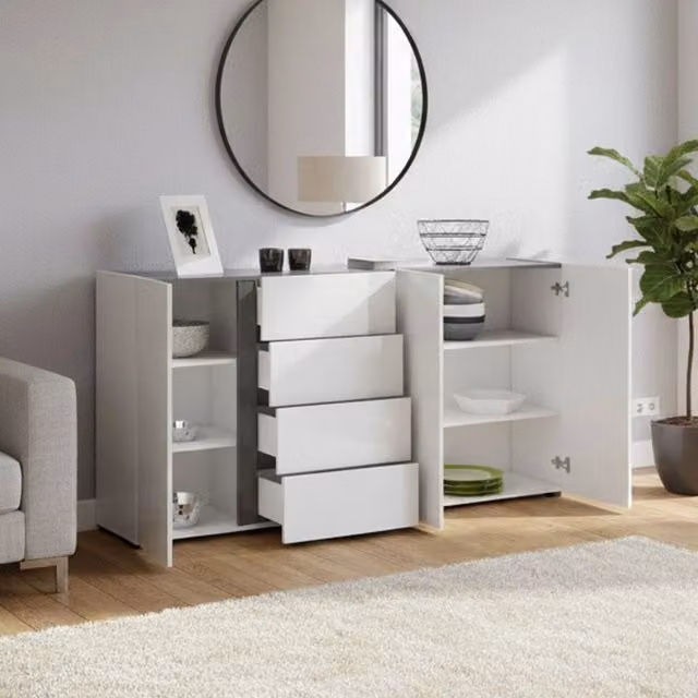 Credenza Baveno, Buffet da soggiorno, Madia da salotto, Dispensa da cucina, Made in Italy, 180x38h92 cm, Bianco lucido e Antracite
