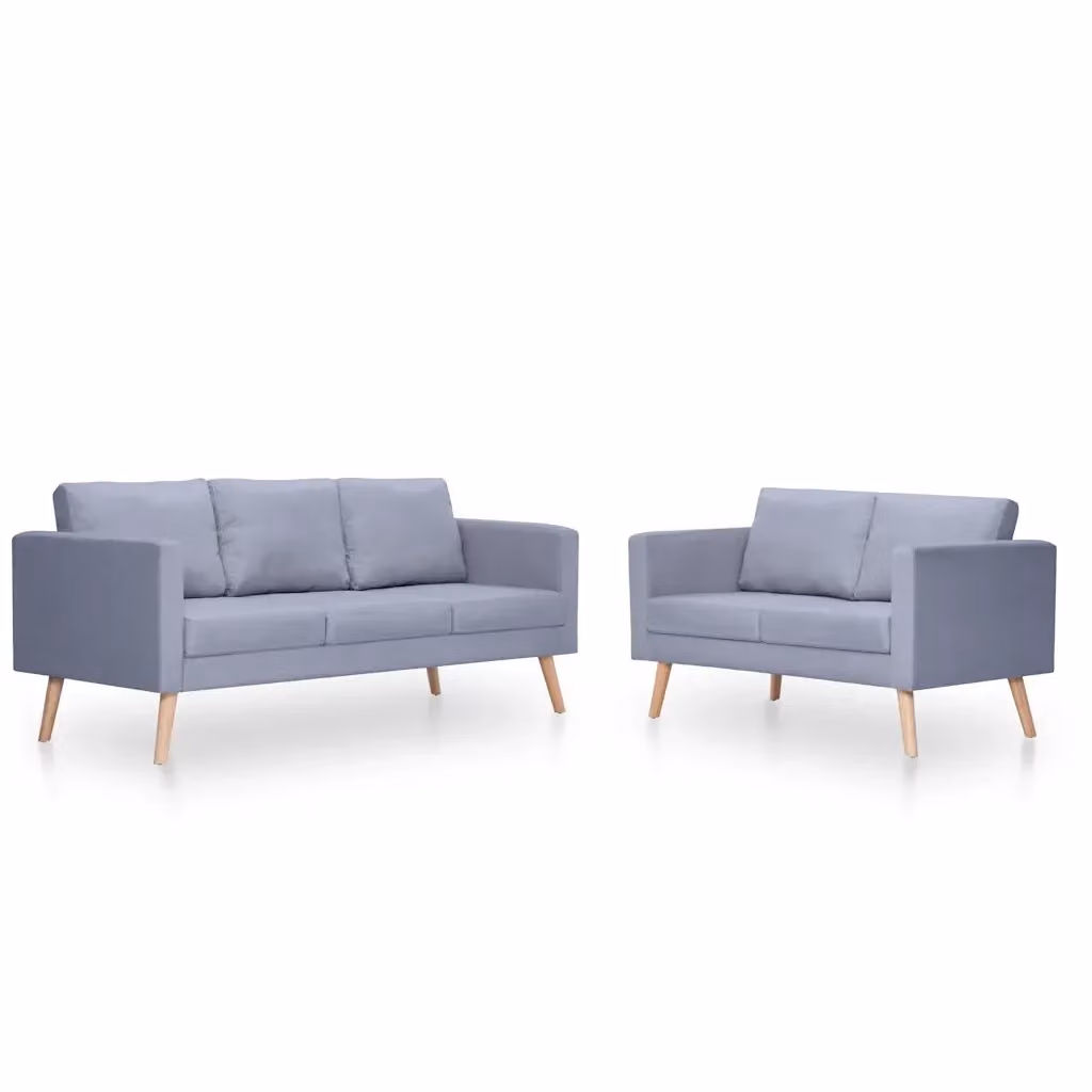 vidaXL Set di Divani da 2 e 3 Posti in Tessuto Grigio con Struttura in Legno e Cuscini Inclusi – 2