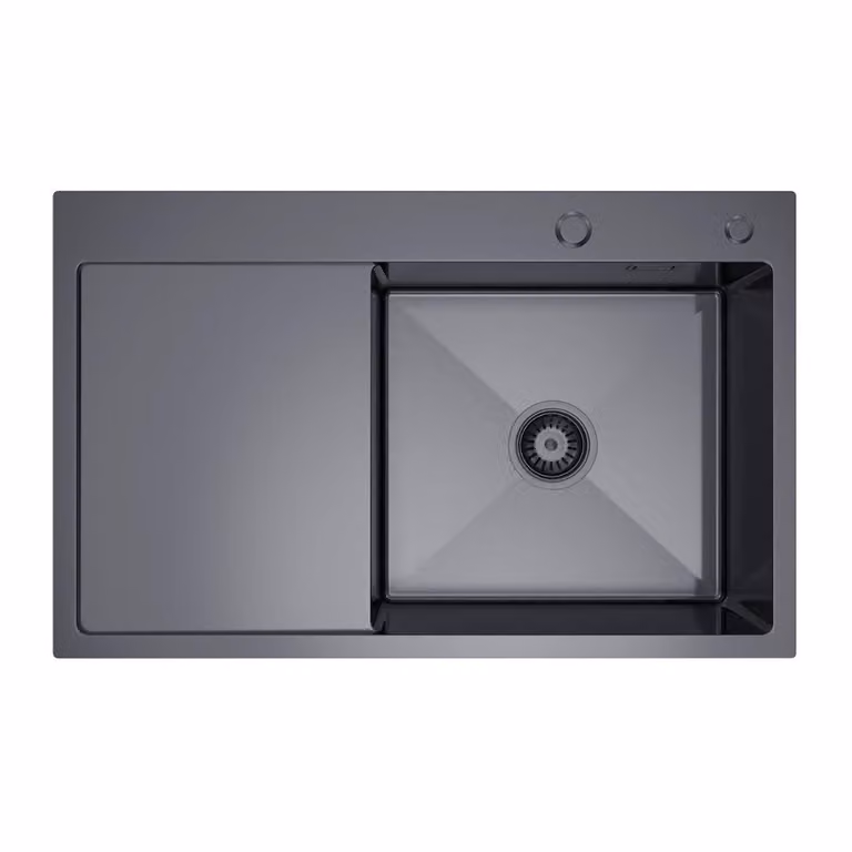 VBChome Lavello da cucina 78×49 cm in acciaio inossidabile color grafite con sgocciolatoio a sinistra – Lavello a vasca singola da incasso, profondità 21 cm, mobile sottolavello minimo 50 cm