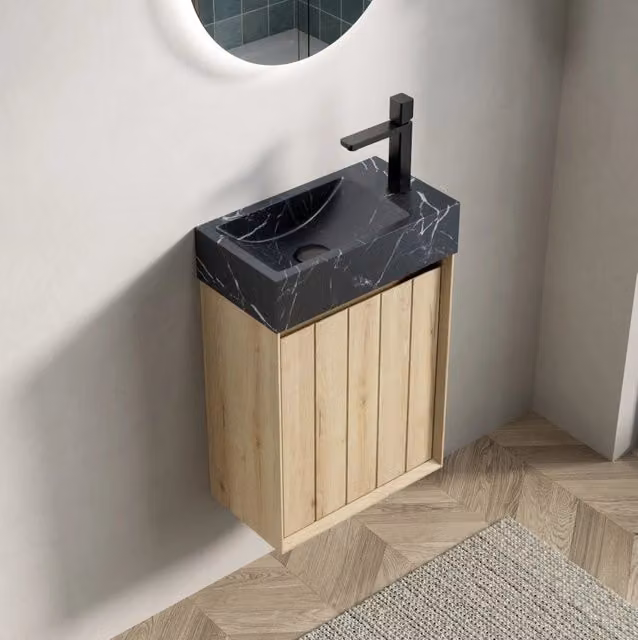 Mobile bagno ULEVR con lavabo integrato in marmo naturale, anta in legno massello, nero e rovere bianco