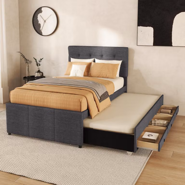Letto imbottito, 90x200cm(90x190cm), letto famiglia, letto con tre cassetti, letto a scomparsa, senza materasso, grigio
