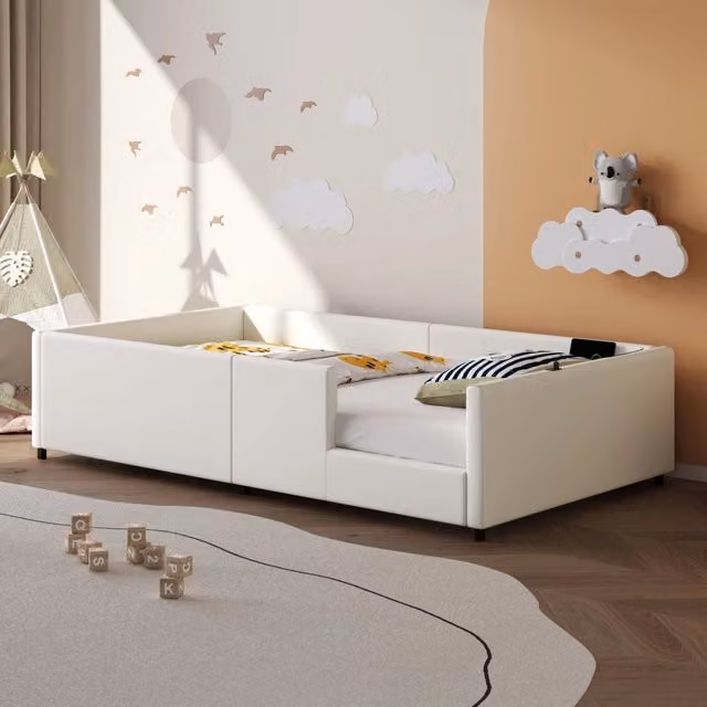Letto singolo imbottito 90×200 cm con barriera di sicurezza, porte USB e USB-C, senza materasso, bianco