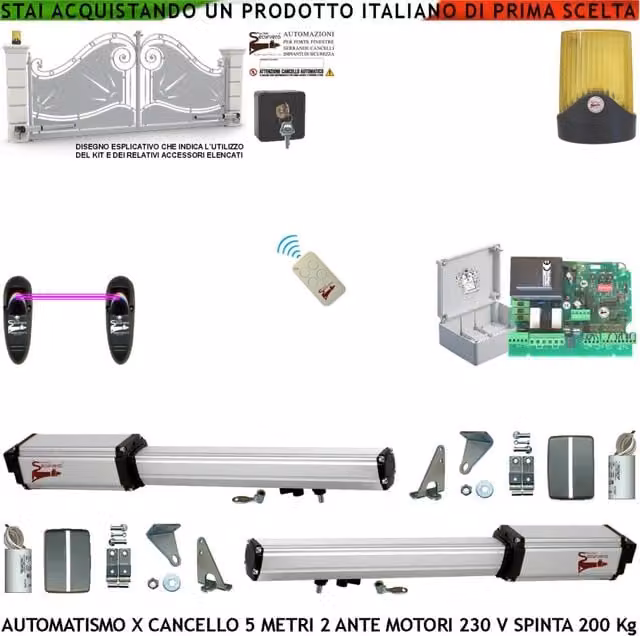 Automatismo Cancello 5 Metri 2 Ante da 2,5 MT Kit Motori Elettromeccanici 230 V Corsa 400 mm Spinta 2 Q.li Staffe Radiocomando Coppia Fotocellule Selettore 2 Chiavi Faro X Movimenti Cartello Monitore