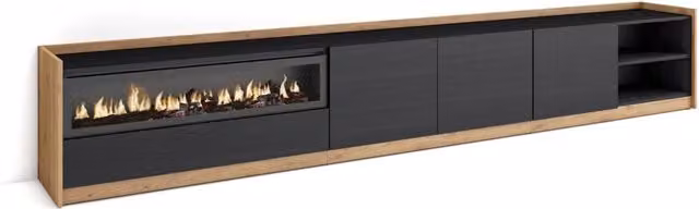 Mobile TV Soggiorno, 310x50x37 cm, Per TV fino a 80", Camino elettrico, Nero e rovere
