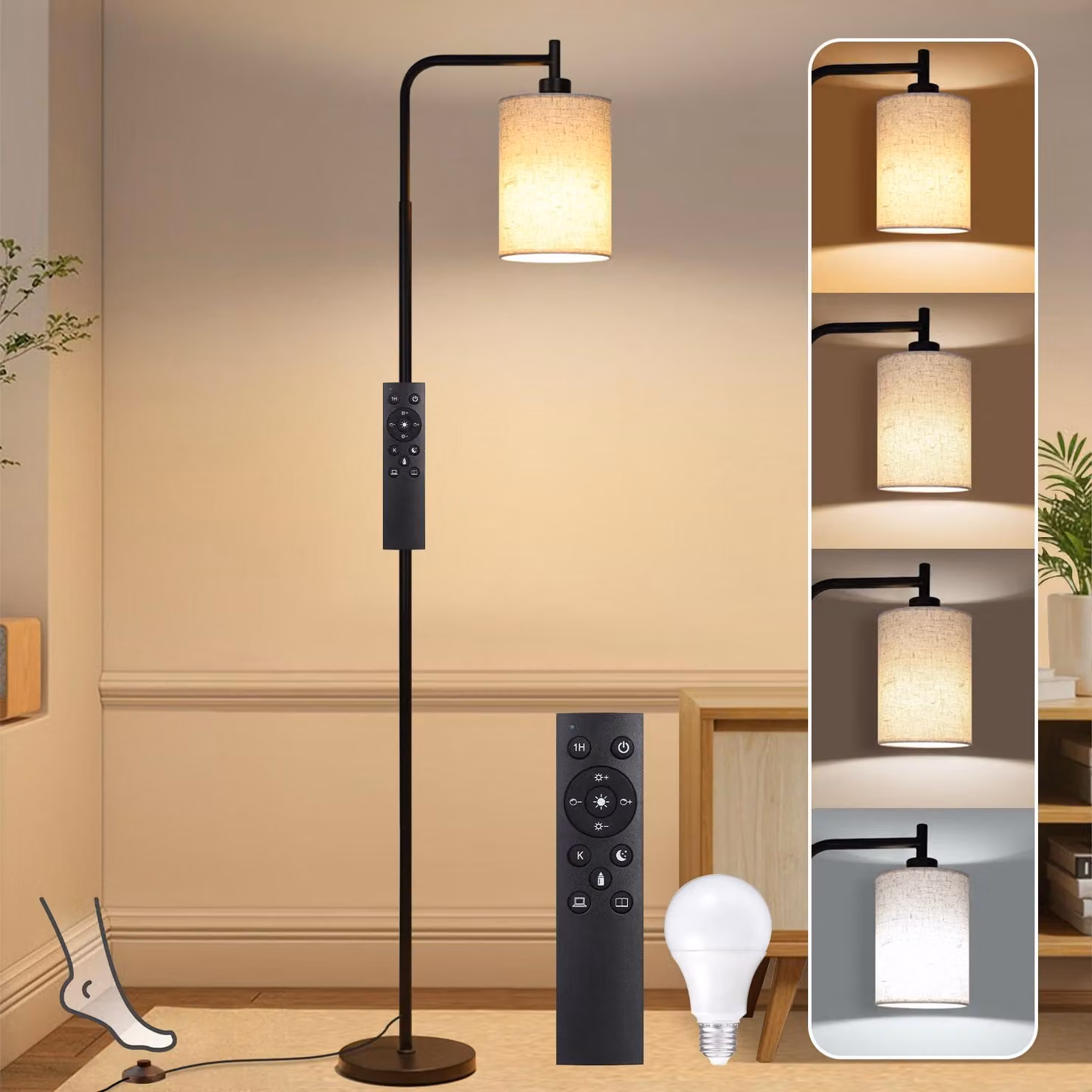 Lampada da terra moderna con paralume in lino, attacco E27, lampadina LED dimmerabile, con telecomando e interruttore a pedale, ideale per soggiorno, camera da letto o ufficio, colore nero