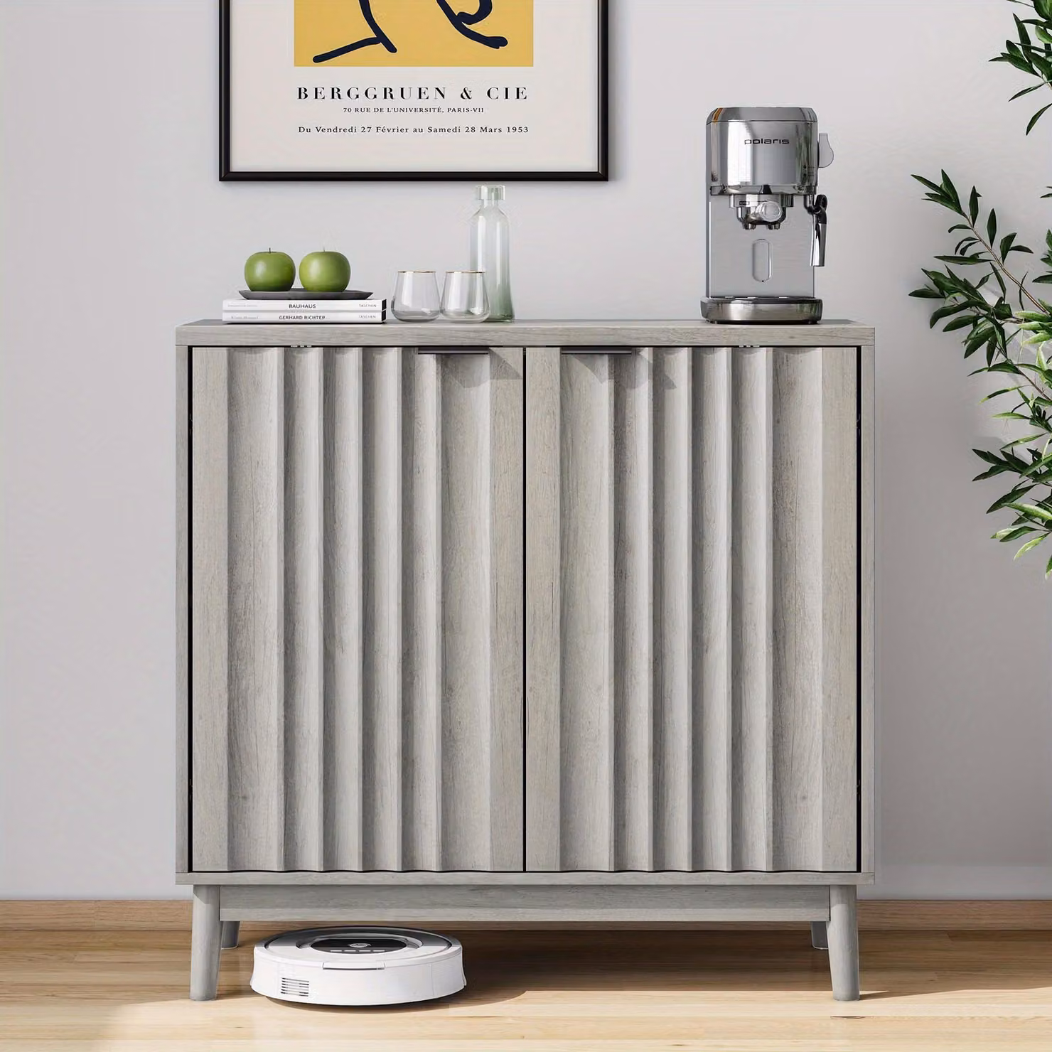 Buffet - Credenza - Mobile contenitore - Armadio - Mobile in legno - Grigio con dettagli in legno - Ripiani regolabili