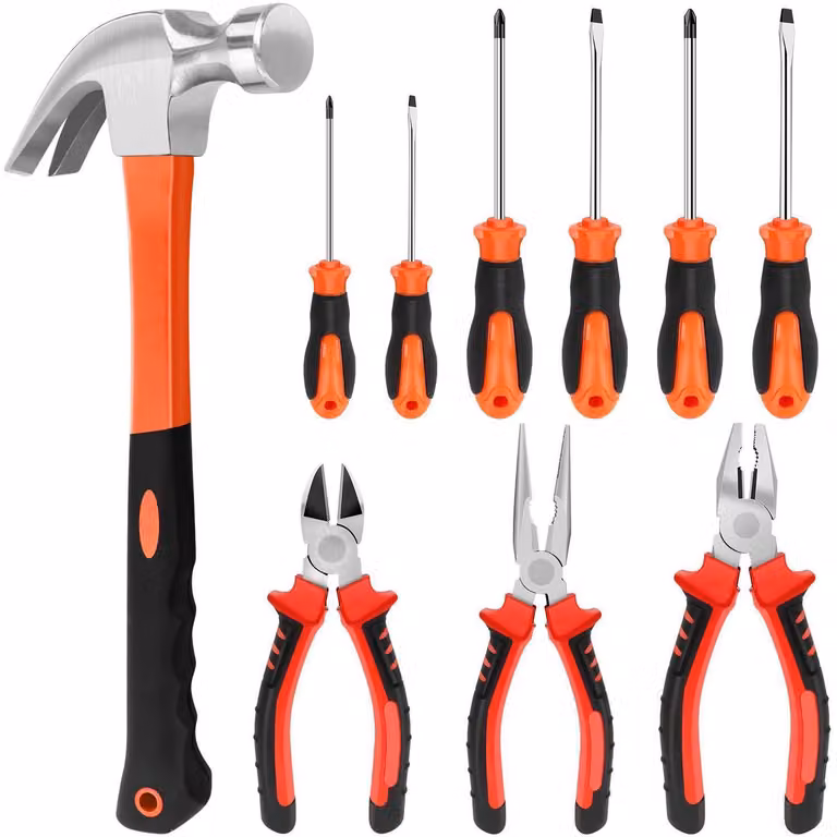 Set di 10 utensili, composto da pinze, cacciaviti e martello, di colore rosso
