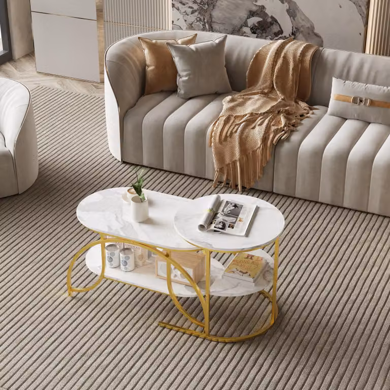 UnboxG set di 2 tavolini in marmo - tavolino rotondo e ovale, oro con struttura in metallo, 80x46x45 cm + 52x52x51 cm, tavolino da salotto moderno