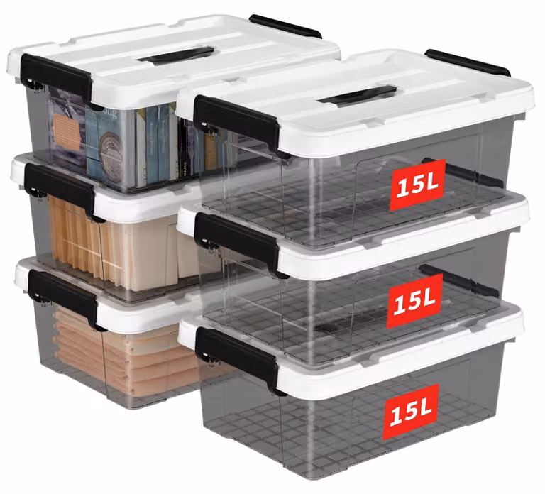 Omgoods - Set di 6 contenitori impilabili con maniglia (15 litri, colore nero trasparente)