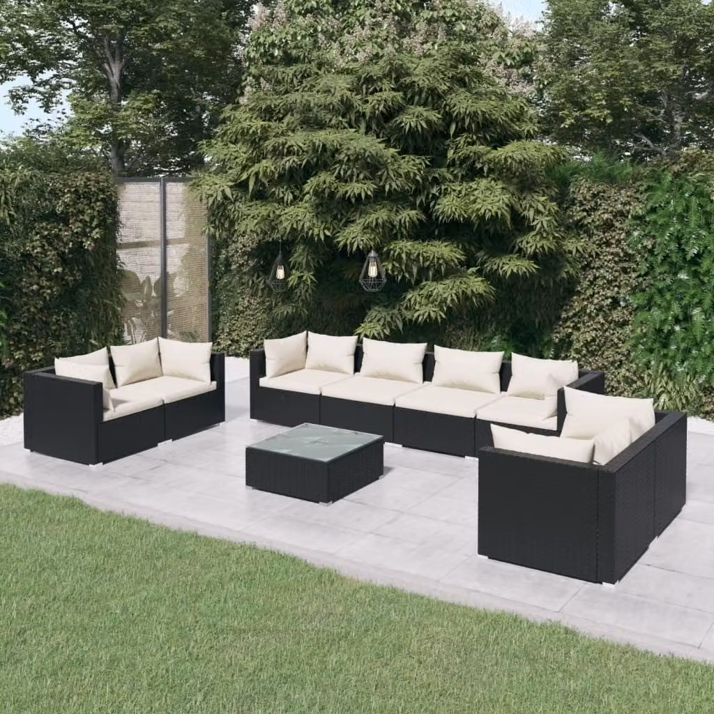 The Living Store Set da giardino 9 pezzi con cuscini in poly rattan nero
