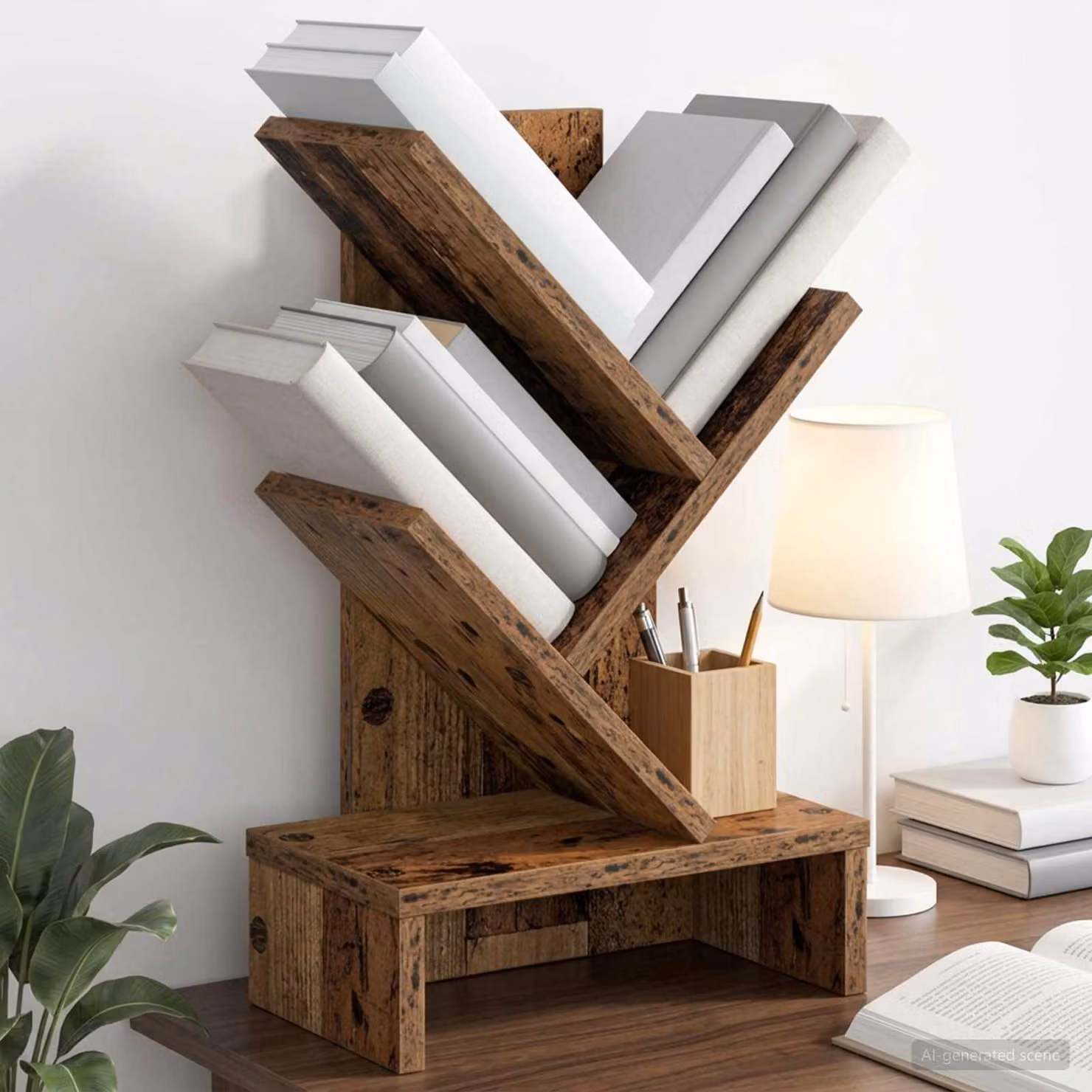 Scaffale per Libri a Forma di Albero vidaXL, 3 Strati, Marrone, L 30 cm x P 18 cm x H 48 cm