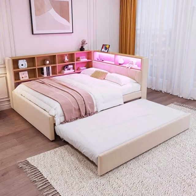 Letto Mivray con letto estraibile e illuminazione LED, porte USB e vani contenitore, colore beige