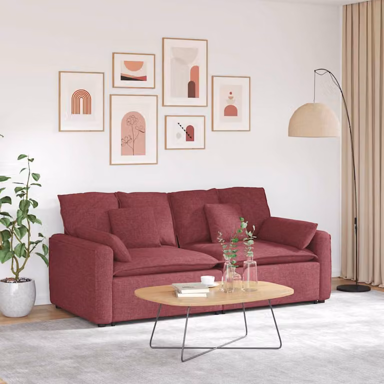 vidaXL Divano Modulare Moderno in Tessuto Rosso con Cuscini e Struttura in Metallo e Legno L: 224 cm, P: 105 cm, H: 64 cm