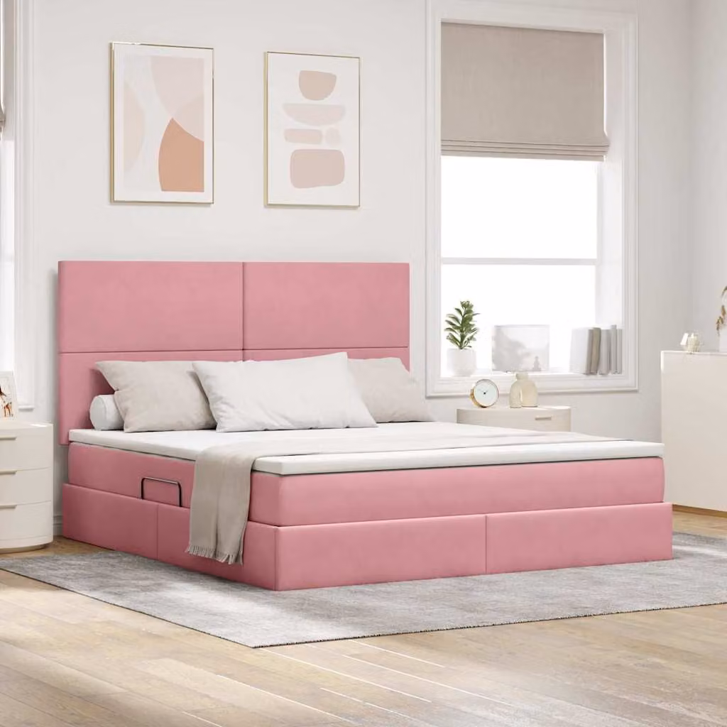 Letto con contenitore e illuminazione LED vidaXL in velluto rosa L 180 x P 200 cm – 1