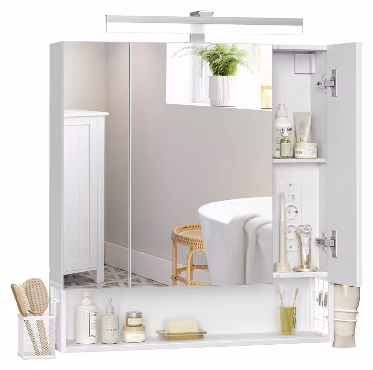Armadietto da bagno con illuminazione a LED, dimensioni 16,5x70x75 cm, dotato di prese di corrente e cesto appendibile