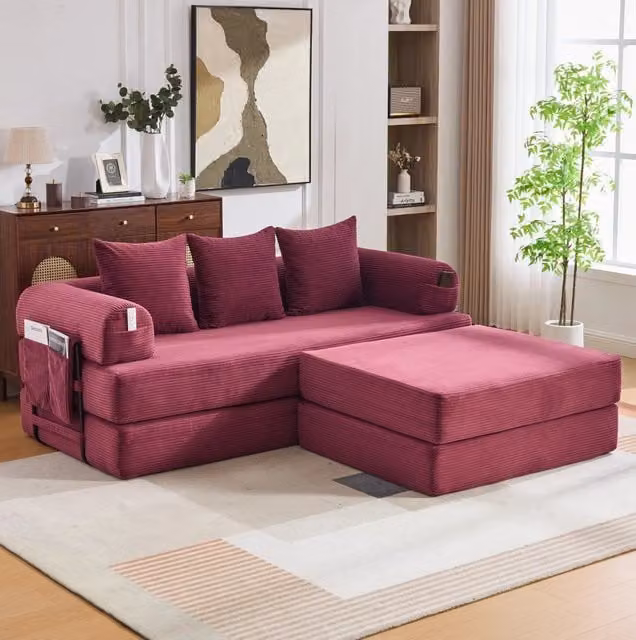 Sofa modulare in corduroy bordeaux con struttura in metallo; cuscini e tasca laterale; 200x190x67 cm