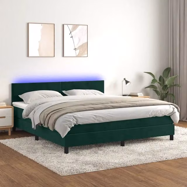 Letto Ibrido con Materasso e Illuminazione LED vidaXL in Velluto Verde Scuro L: 160 cm, P: 200 cm, H: 203 cm