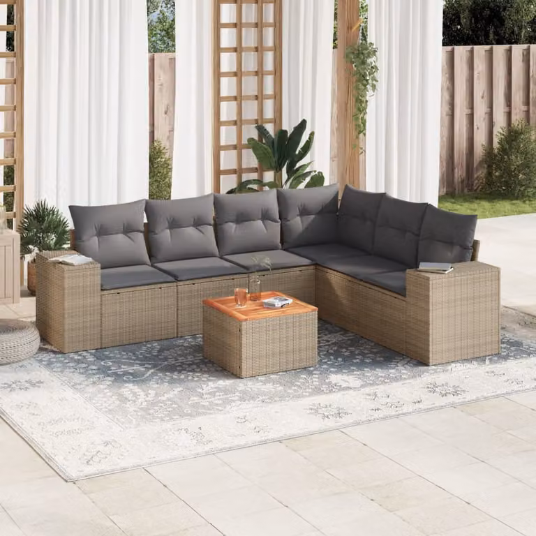 Set di divani da giardino vidaXL in polyrattan 7 pezzi con cuscini beige e tavolino da esterno a forma di L