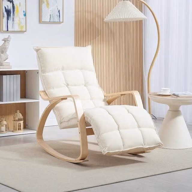 Poltrona a dondolo relax con poggiapiedi regolabile REDOM, colore bianco, L: 67 cm, H: 92 cm, P: 106-123 cm