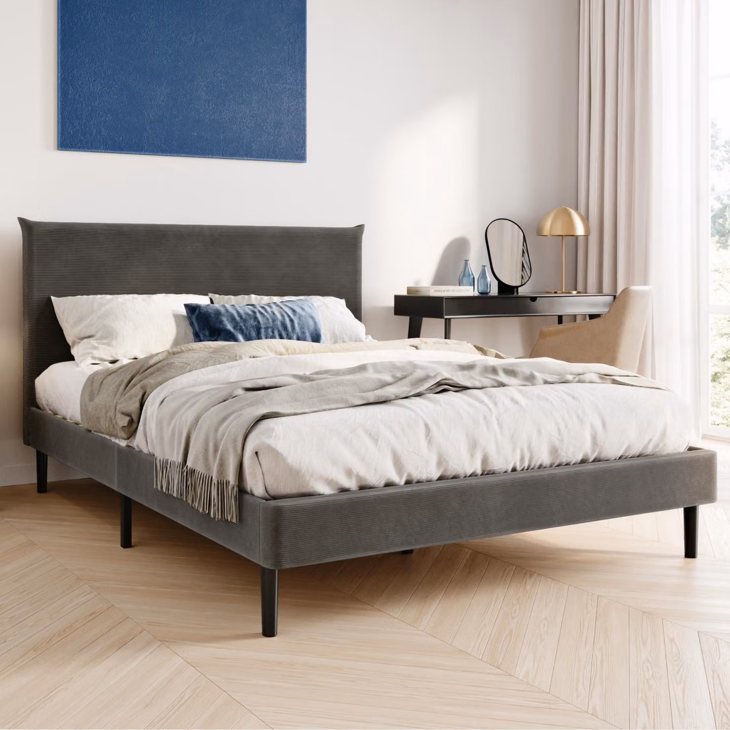 Letto con rete a doghe, letto imbottito, rete 140x200 cm, grigio, rivestimento in velluto a coste
