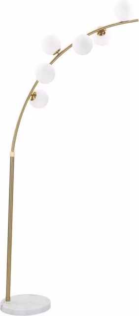Lampada da terra Glamy Arc con 6 luci in metallo oro, globi in vetro bianco e base in marmo, H: 220 cm