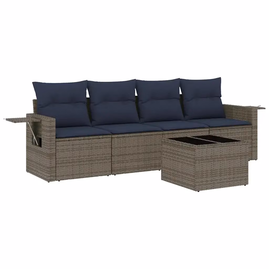 Set da giardino vidaXL composto da 5 pezzi con divani e tavolino, include cuscini grigi e blu in polyrattan con struttura in acciaio verniciato a polvere – 2