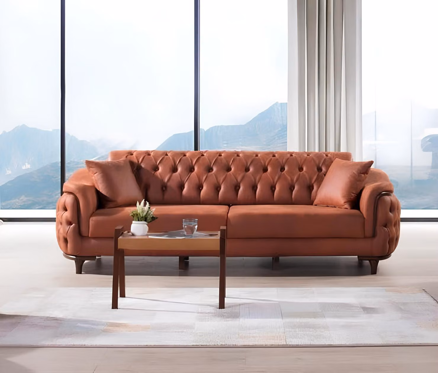 Orange Chesterfield Couch Dreisitzer Couchen Sofa Möbel Samt Holz Sitzpolster