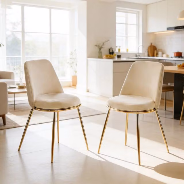 Sedia da pranzo moderna Zephmum in velluto beige con gambe in metallo lucido – 1