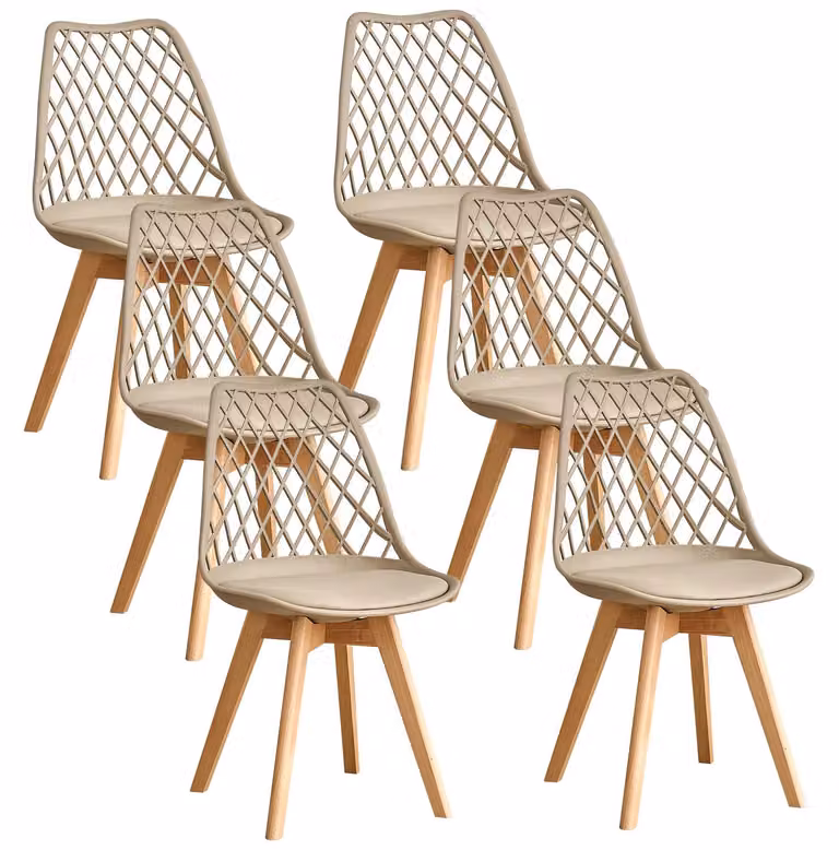 Sedia da pranzo in stile nordico - Set da 6 sedie - Sedia moderna in plastica - Schienale a rete - Gambe in legno massello - Sedia da cucina minimalista - Colore kaki