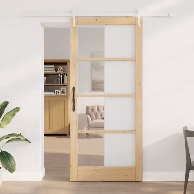 Porta scorrevole minimalist vidaXL in legno di pino marrone e vetro trasparente L: 93 cm, H: 211 cm