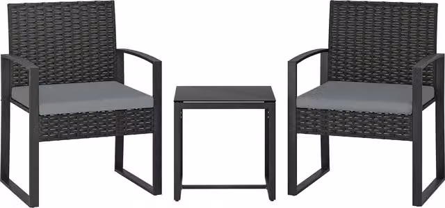 Set di mobili da giardino Outsunny in rattan sintetico grigio con tavolo in vetro e 2 sedie con cuscini removibili – 1