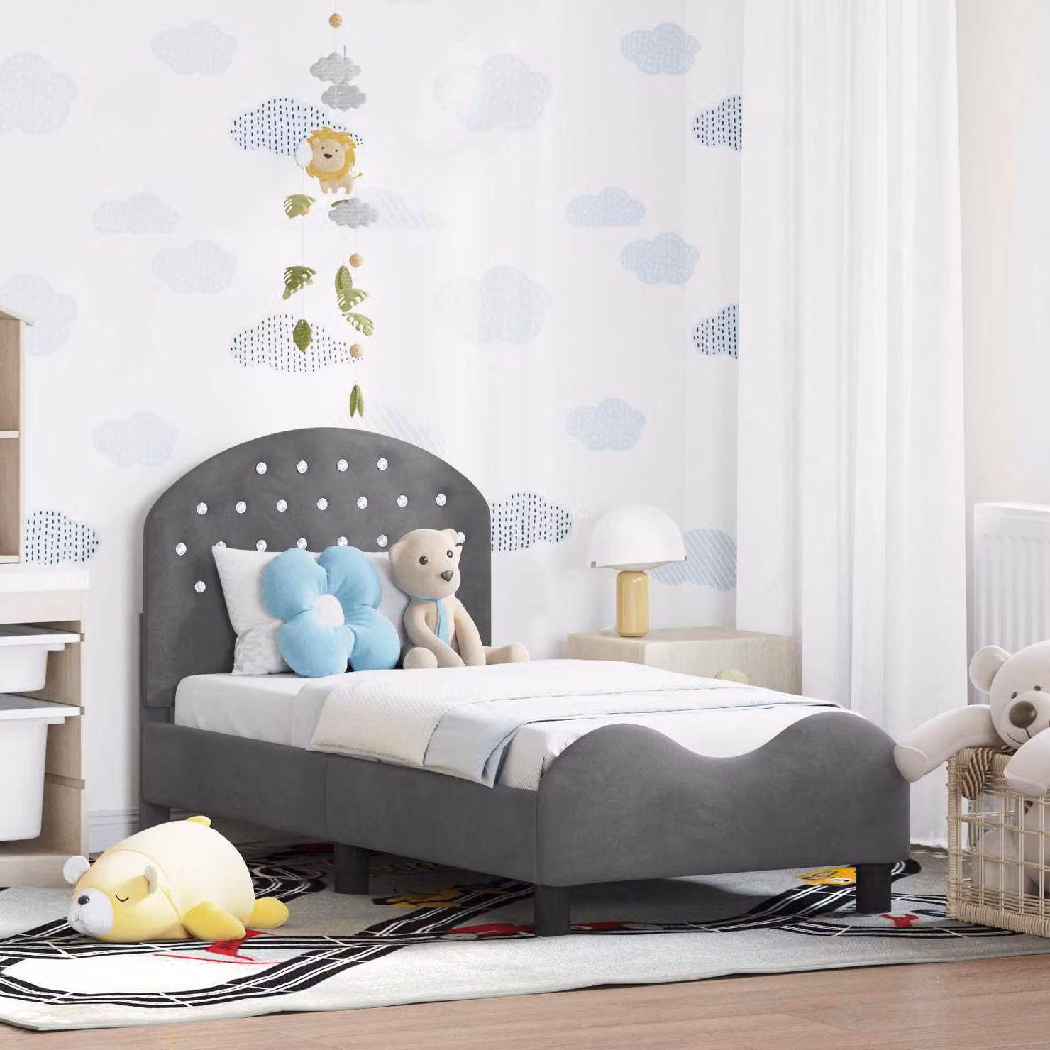 Struttura letto per bambini vidaXL in velluto grigio con testata e doghe in legno, L/P/H: 140 x 70 x 79 cm