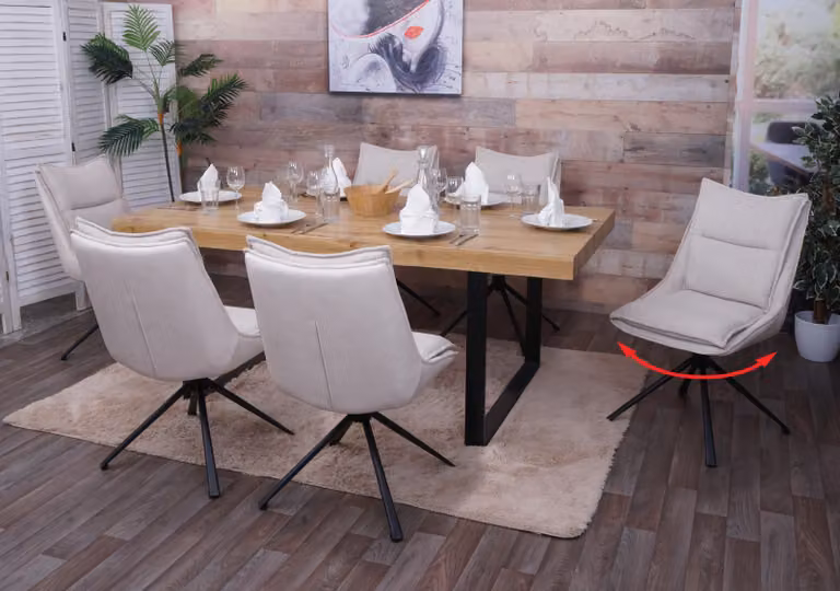 Set di 6 sedie da pranzo modello HWC-N71, sedie da cucina, girevoli con sistema di ritorno automatico, rivestite in tessuto (420g/m²), colore crema-beige
