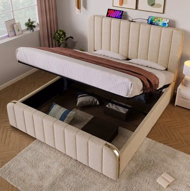 Letto 140x200 cm con contenitore idraulico, USB e USB-C, rivestimento in lino beige