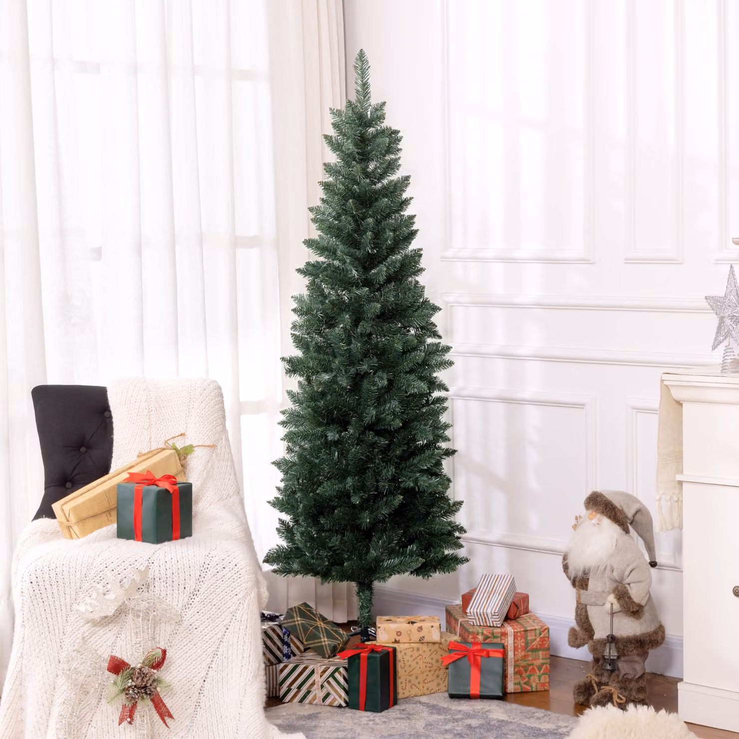 Albero di Natale Artificiale HOMCOM Verde, Design Alto e Stretto con 479 Rami e Base Pieghevole, Altezza: 180 cm – 2