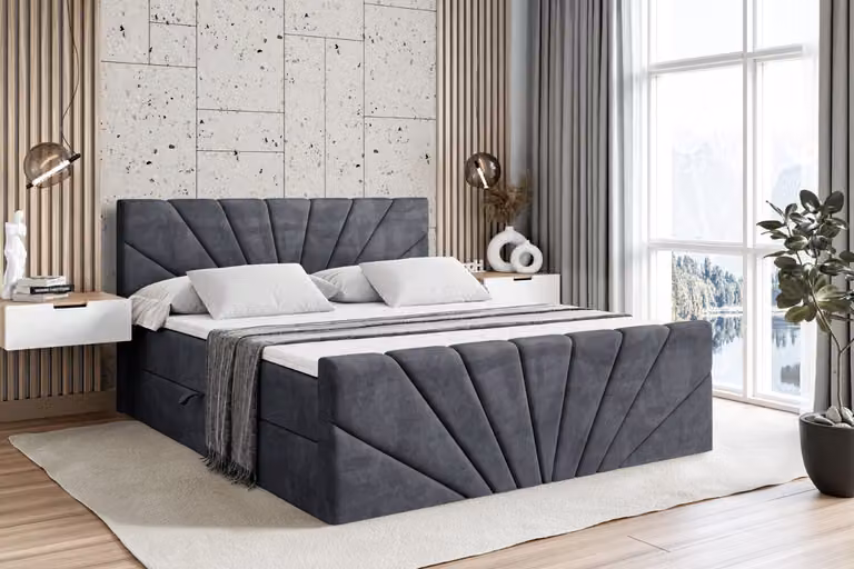 Letto boxspring ALTDECOR con pediera, materasso H3 e topper - 140x200 cm - MILTIO-Z - Velluto grigio scuro - Letto imbottito con contenitore e rete a doghe, letto con spazio contenitivo