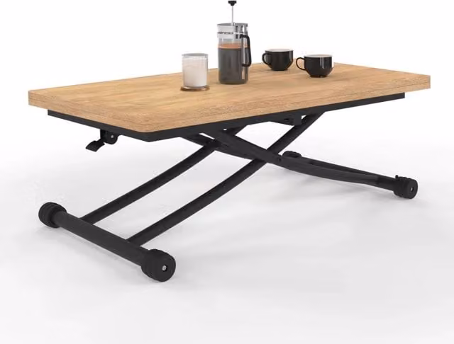 IDMarket Tavolino 2 in 1 URBANA trasformabile in tavolo da pranzo rettangolare con meccanismo a sollevamento e ruote, design industriale, marrone e nero