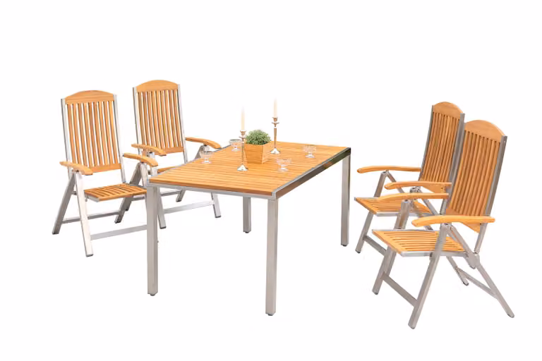 Set di mobili da giardino Merxx Keros 5 pezzi, 4 sedie pieghevoli, 1 tavolo 150 x 90 cm - acciaio inossidabile/acacia