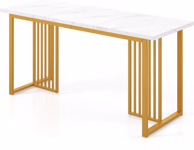 Tavolo da pranzo moderno rettangolare con piano in MDF laminato bianco lucido e dettagli oro, ideale per cucina o soggiorno, L: 150 cm, P: 60 cm, H: 75 cm – 1