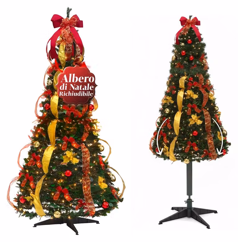 Albero di Natale pop-up, altezza 150 cm, 100 luci LED bianco caldo, materiale: plastica