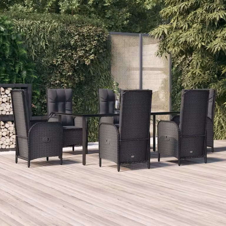 The Living Store Set da pranzo da giardino 7 pezzi con cuscini in polirattan nero