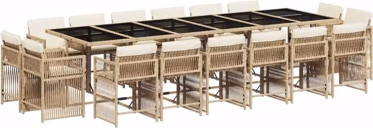 Set da Pranzo da Giardino 17 pz con Cuscini Beige in Polyrattan
