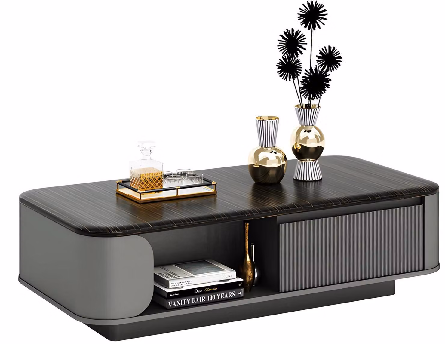 Modern Couchtisch Elegantes Design Schwarze Tischplatte Offene Regalfächer