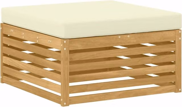 Poggiapiedi da esterno moderno in legno di acacia con cuscini bianchi e beige L: 79 cm, P: 37 cm, H: 37 cm – 1